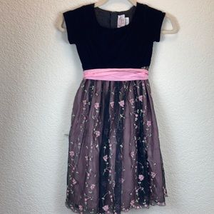 Dimples Black Velour Top Black Floral Mesh Lace Overlay Short Sleeve Dress